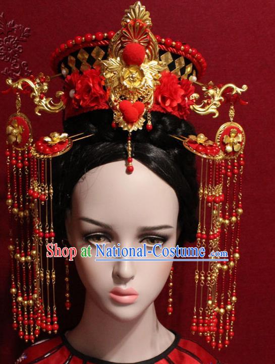 Traditional Chinese Ancient Imperial Consort Red Beads Tassel Phoenix Coronet Handmade Hair Jewelry Hairpins Hair Accessories Complete Set