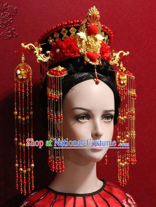 Traditional Chinese Ancient Imperial Consort Red Beads Tassel Phoenix Coronet Handmade Hair Jewelry Hairpins Hair Accessories Complete Set