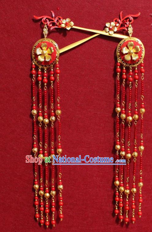 Traditional Chinese Handmade Hairpins Ancient Qing Dynasty Imperial Consort Hair Accessories Headwear Red Beads Tassel Hair Clips for Women