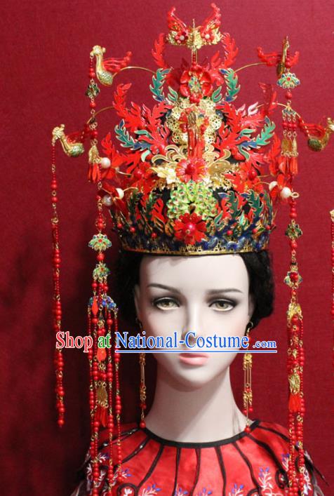 Traditional Chinese Ancient Imperial Consort Red Phoenix Coronet Handmade Hair Jewelry Hairpins Tassel Hair Accessories Complete Set