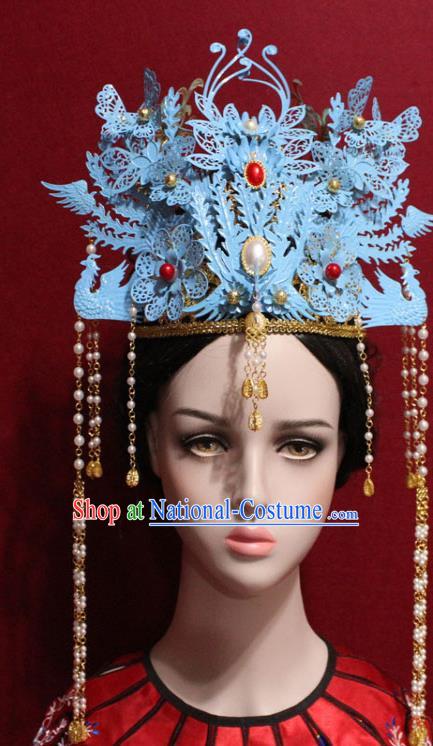 Traditional Chinese Ancient Qing Dynasty Imperial Consort Blue Phoenix Coronet Handmade Hair Jewelry Hair Accessories Complete Set