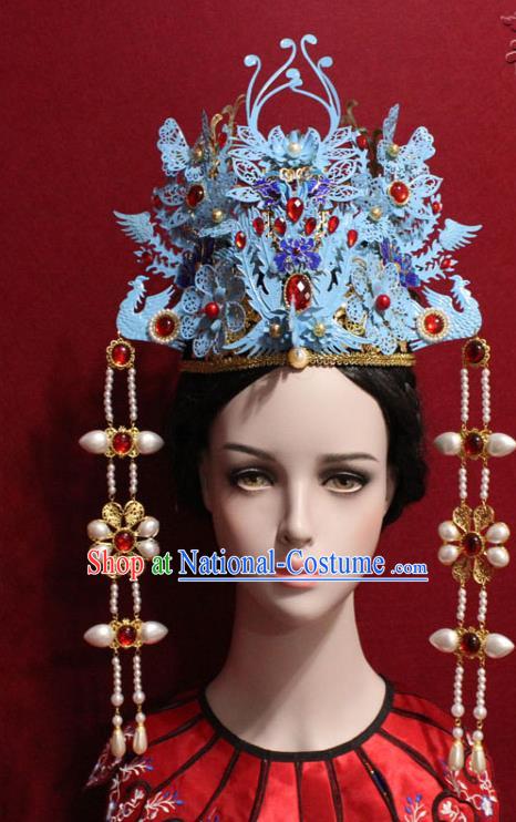 Traditional Chinese Ancient Qing Dynasty Pearls Tassel Phoenix Coronet Handmade Hair Jewelry Imperial Consort Hair Accessories Complete Set