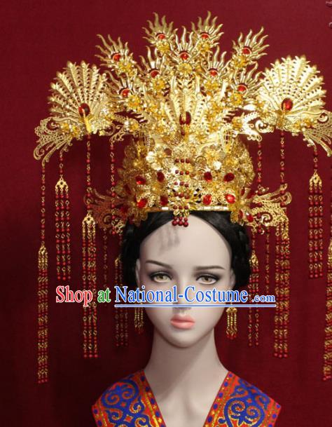 Traditional Chinese Ancient Queen Golden Phoenix Coronet Handmade Hair Jewelry Tassel Hairpins Hair Accessories Complete Set