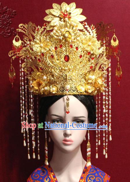 Traditional Chinese Ancient Queen Pearls Tassel Phoenix Coronet Handmade Hair Jewelry Hairpins Golden Hair Accessories Complete Set