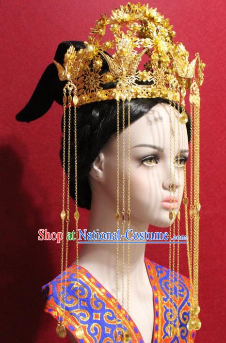 Traditional Chinese Ancient Queen Golden Tassel Phoenix Coronet Handmade Hair Jewelry Hairpins Hair Accessories Complete Set