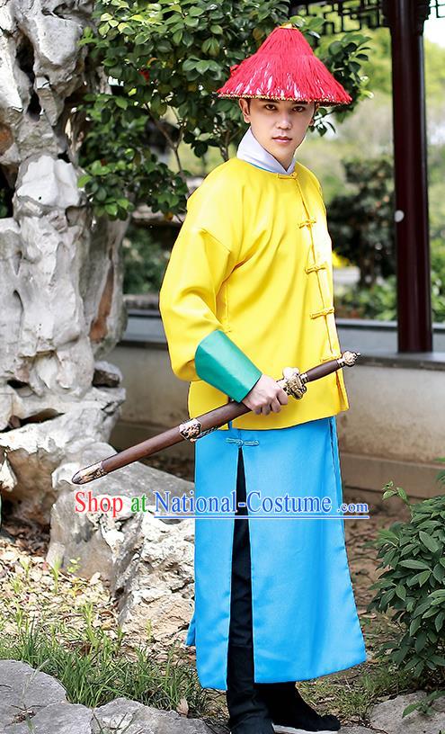 Chinese Traditional Qing Dynasty Imperial Bodyguard Hanfu Clothing Ancient Drama Court Swordsman Garment Historical Costumes and Hat Complete Set