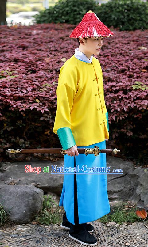 Chinese Traditional Qing Dynasty Imperial Bodyguard Hanfu Clothing Ancient Drama Court Swordsman Garment Historical Costumes and Hat Complete Set