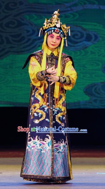 Chinese Beijing Opera Queen Mother Cixi Apparels Costumes and Headdress Xiang Jiuxiao Traditional Peking Opera Qing Dynasty Empress Dowager Dress Garment