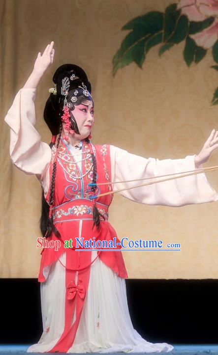 Chinese Sichuan Opera Maidservant Hong Niang Garment Costumes and Hair Accessories Kao Hong Traditional Peking Opera Young Lady Dress Xiaodan Apparels