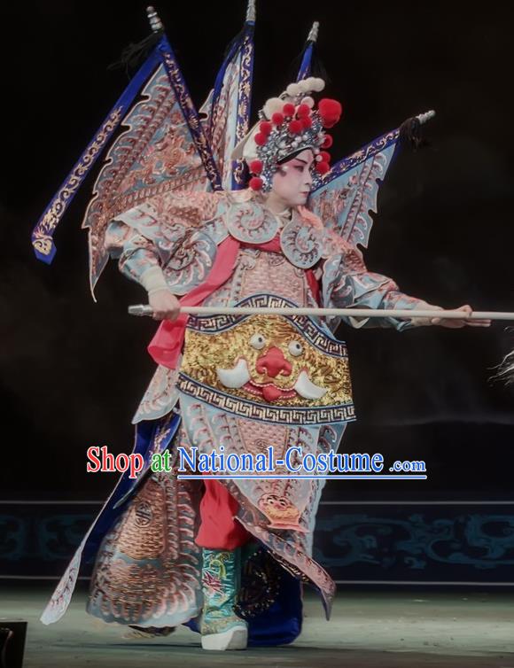 Shuang Ba Lang Chinese Sichuan Opera General Apparels Costumes and Headpieces Peking Opera Wusheng Garment Martial Male Armor Clothing with Flags