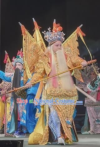 Shuang Ba Lang Chinese Sichuan Opera Elderly Male Apparels Costumes and Headpieces Peking Opera General Yang Jiye Garment Armor Clothing with Flags