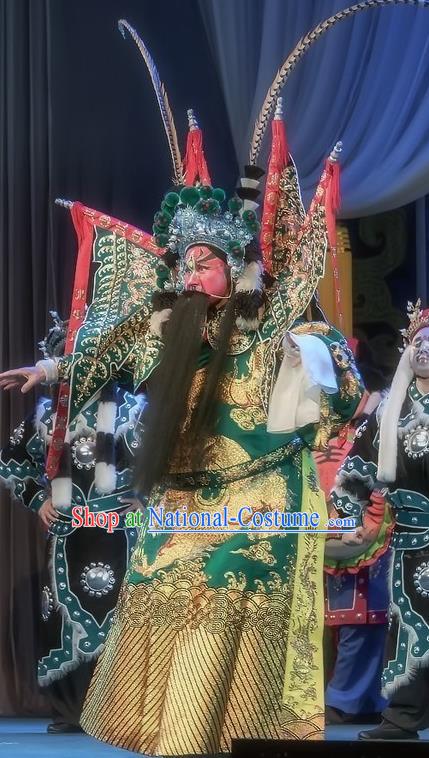 Shuang Ba Lang Chinese Sichuan Opera Military Officer Apparels Costumes and Headpieces Peking Opera General Wang Ying Garment Green Kao Clothing with Flags