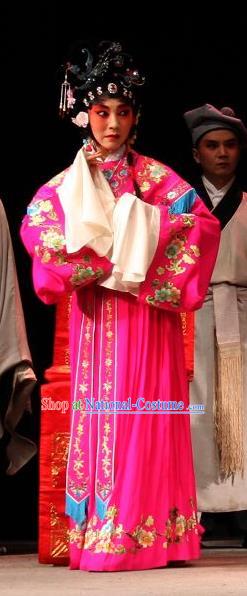 Chinese Sichuan Opera Young Female Ke Baozhu Garment Costumes and Hair Accessories Yu He Qiao Traditional Peking Opera Actress Rosy Dress Hua Tan Apparels