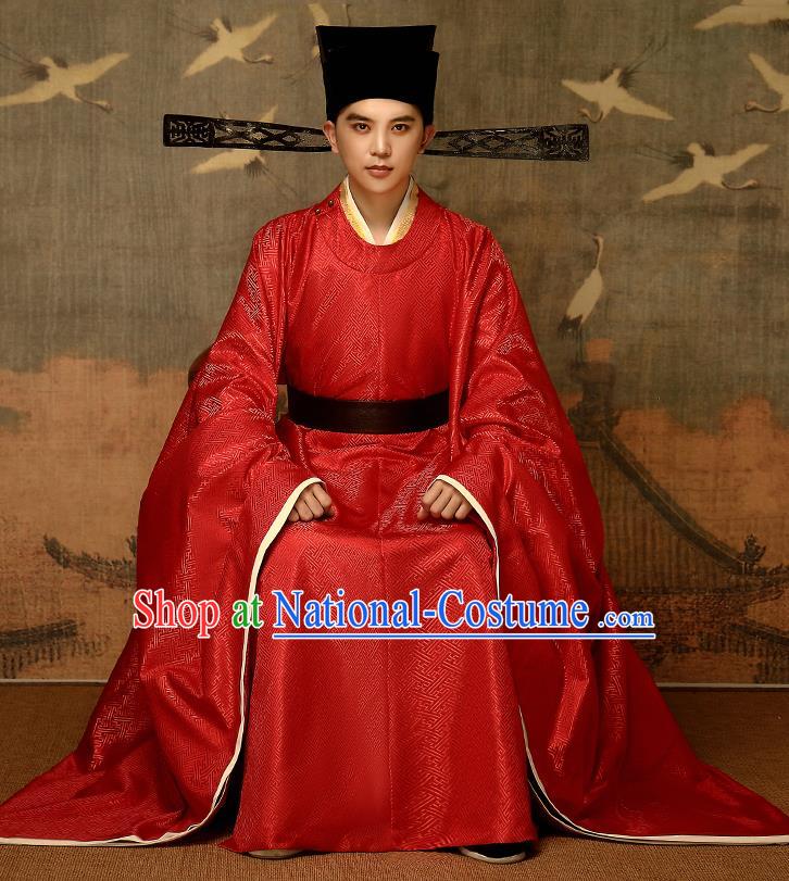 Chinese Traditional Song Dynasty Emperor Red Hanfu Garment Ancient Drama Monarch Historical Costumes and Headwear Complete Set