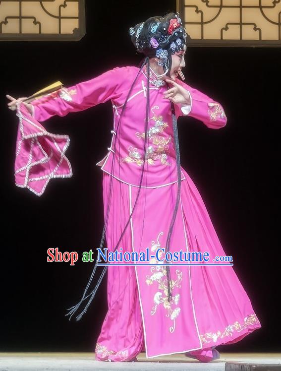 Chinese Sichuan Opera Diva Liu Siniang Garment Costumes and Hair Accessories Mother of Mu Lian Traditional Peking Opera Actress Rosy Dress Apparels