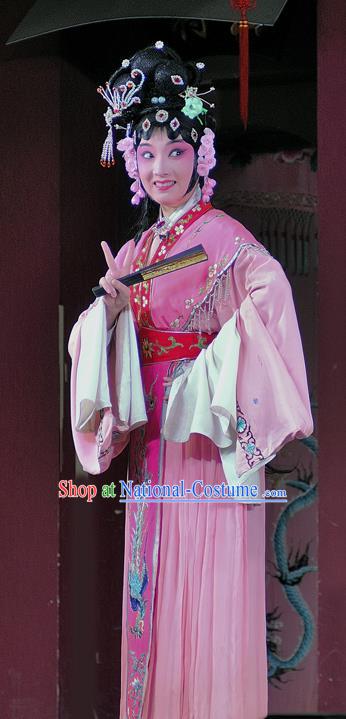 Chinese Sichuan Opera Actress Jiang Ruilian Garment Costumes and Hair Accessories Shuang Bai Yue Traditional Peking Opera Actress Pink Dress Hua Tan Apparels