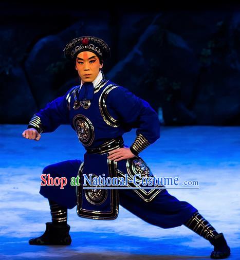 Mrs Anguo Chinese Peking Opera Wusheng Blue Garment Costumes and Headwear Beijing Opera Martial Male Apparels Takefu Clothing