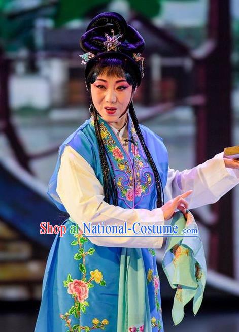 Chinese Sichuan Opera Servant Girl Garment Costumes and Hair Accessories He Zhu Pei Traditional Peking Opera Maid Lady He Zhu Dress Xiaodan Apparels