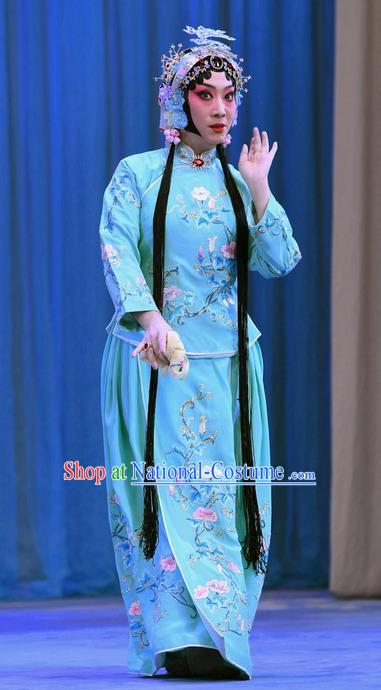 Chinese Beijing Opera Young Beauty Wang Shuying Apparels Costumes and Headpieces Traditional Peking Opera Yu Bei Pavilion Xiaodan Blue Dress Garment