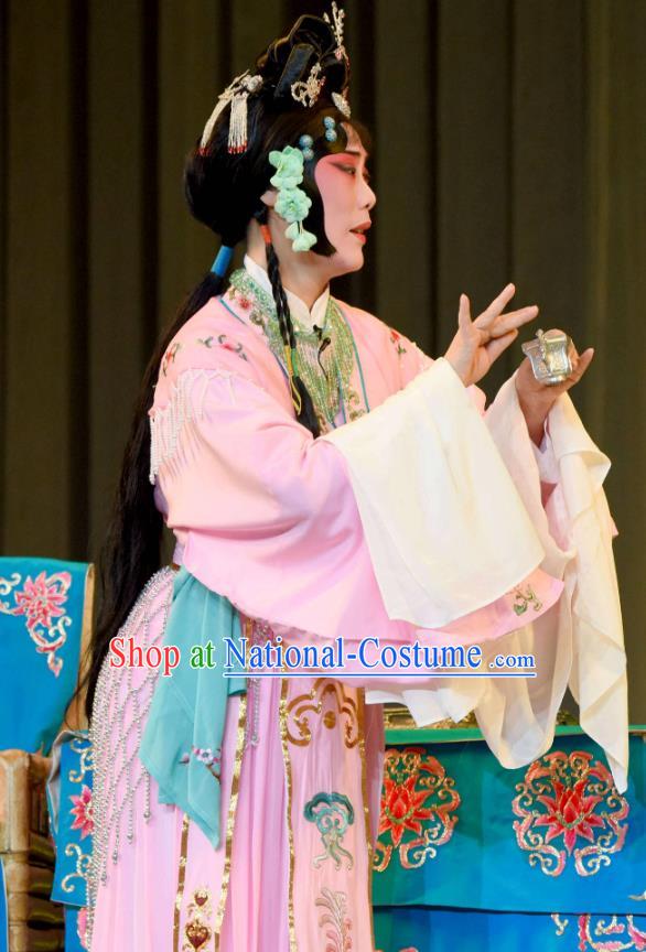 Chinese Sichuan Opera Hua Tan Zhu Yingtai Garment Costumes and Hair Accessories Fang You Traditional Peking Opera Actress Pink Dress Young Lady Apparels