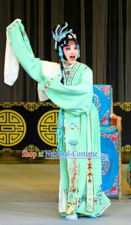 Chinese Sichuan Opera Diva Garment Costumes and Hair Accessories Fang You Traditional Peking Opera Hua Tan Green Dress Actress Apparels