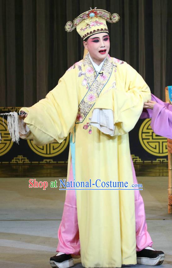 Fang You Chinese Sichuan Opera Xiaosheng Apparels Costumes and Headpieces Peking Opera Scholar Liang Shanbo Garment Niche Yellow Clothing