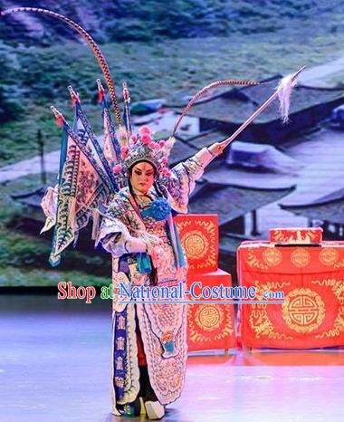 Yuan Men Zhan Zi Chinese Sichuan Opera General Yang Zongbao Apparels Costumes and Headpieces Peking Opera Military Officer Garment Kao Clothing with Flags