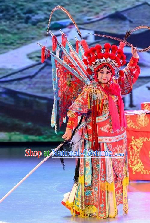 Chinese Sichuan Opera Tao Ma Tan Garment Costumes and Hair Accessories Yuan Men Zhan Zi Traditional Peking Opera Blues Mu Guiying Dress Apparels with Flags