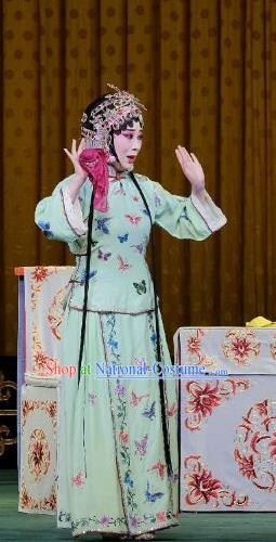 Chinese Beijing Opera Young Lady Apparels Costumes and Headpieces Traditional Peking Opera Yu Bei Pavilion Xiaodan Wang Shuying Green Dress Garment