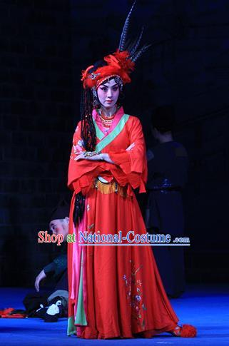 Chinese Beijing Opera Young Lady Red Apparels Costumes and Headpieces Traditional Peking Opera Love Bell Tower Hua Tan Ai Liya Dress Garment