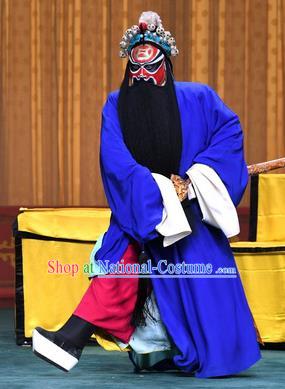 Xiangmei Temple Chinese Peking Opera Elderly Male Garment Costumes and Headwear Beijing Opera Laosheng Huang Chao Apparels Blue Robe Clothing