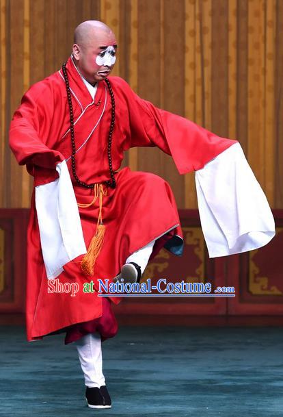 Xiangmei Temple Chinese Peking Opera Monk Liao Kong Garment Costumes Beijing Opera Chou Role Apparels Clown Red Frock Clothing