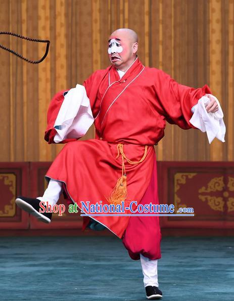 Xiangmei Temple Chinese Peking Opera Monk Liao Kong Garment Costumes Beijing Opera Chou Role Apparels Clown Red Frock Clothing