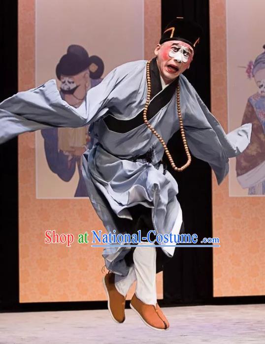 Xiangmei Temple Chinese Peking Opera Monk Liao Kong Grey Frock Garment Costumes and Headwear Beijing Opera Chou Role Apparels Clown Clothing