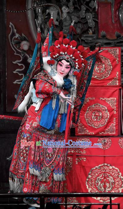 Chinese Beijing Opera Female General Red Kao Armor Suit with Flags Apparels Costumes and Headdress Hong Zong Lie Ma Traditional Peking Opera Princess Daizhan Dress Garment