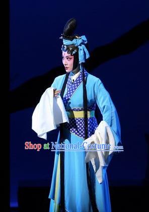 Chinese Beijing Opera Country Woman Apparels Costumes and Headdress Xin Zhui Traditional Peking Opera Han Dynasty Young Female Blue Dress Garment