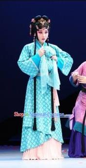 Chinese Beijing Opera Han Dynasty Young Female Apparels Costumes and Headdress Xin Zhui Traditional Peking Opera Hua Tan Blue Dress Actress Garment