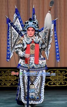 Changban Po Hanjin Kou Chinese Peking Opera Wusheng Garment Costumes and Headwear Beijing Opera Apparels Clothing General Zhao Yun Kao Armor Suit with Flags