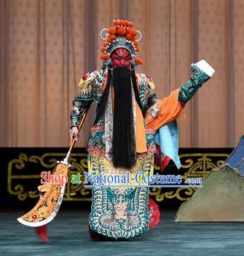 Changban Po Hanjin Kou Chinese Peking Opera General Guan Yu Armor Garment Costumes and Headwear Beijing Opera Wusheng Apparels Clothing