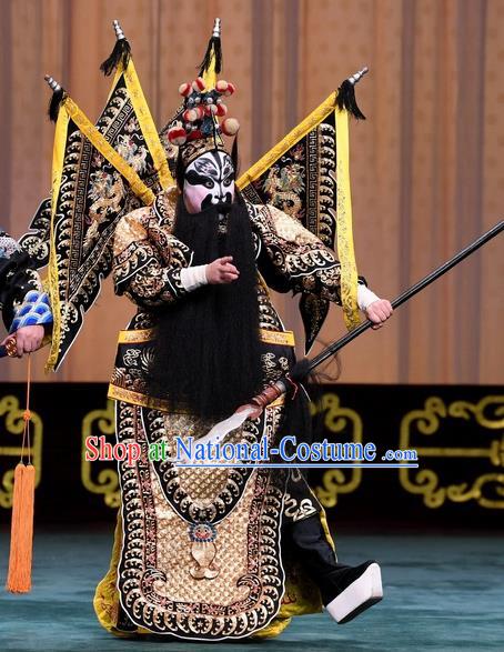 Changban Po Hanjin Kou Chinese Peking Opera General Zhang Fei Kao Armor Suit with Flags Garment Costumes and Headwear Beijing Opera Military Officer Apparels Clothing