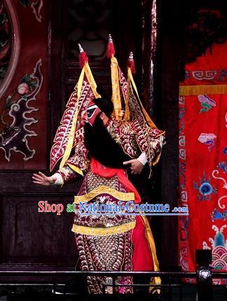 Ya Guan Tower Chinese Peking Opera Wusheng Garment Costumes and Headwear Beijing Opera General Kao Armor Suit with Flags Apparels Clothing