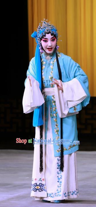 Chinese Beijing Opera Young Female Jiang Qiulian Apparels Costumes and Headpieces Chun Qiu Pei Traditional Peking Opera Tsing Yi Blue Dress Garment