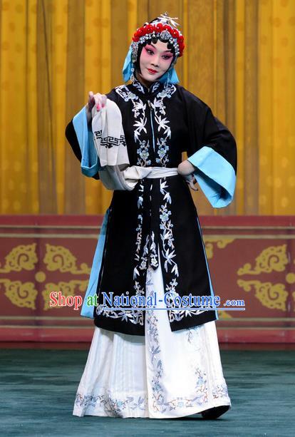 Chinese Beijing Opera Young Female Apparels Costumes and Headpieces Mei Lan Ni Chang Traditional Peking Opera Tsing Yi Black Dress Garment