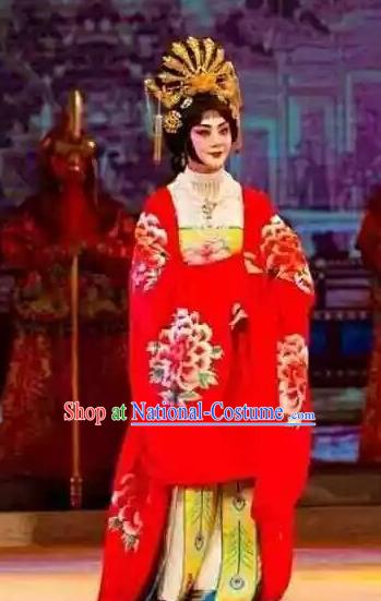 Chinese Beijing Opera Imperial Consort Yang Apparels Costumes and Headpieces Mei Lan Ni Chang Traditional Peking Opera Hua Tan Red Dress Garment