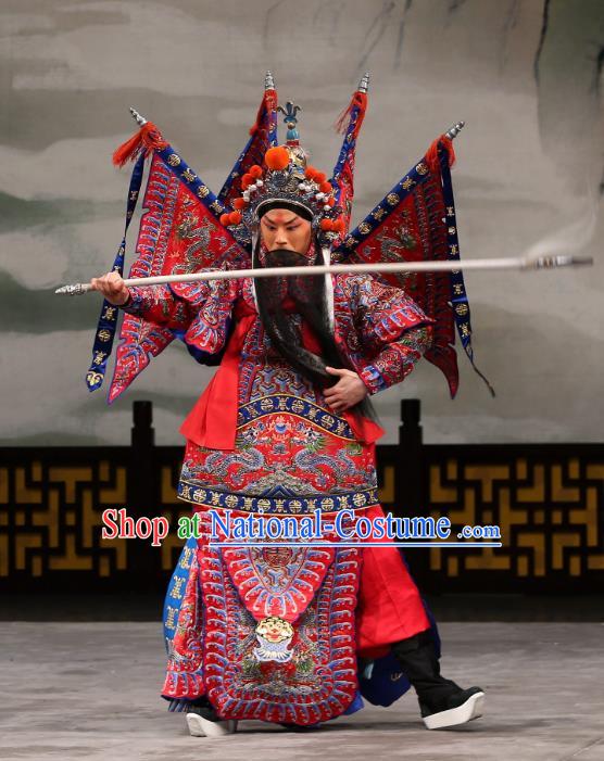 Xi Shi Chinese Peking Opera General Red Kao Armor Suit with Flags Garment Costumes and Headwear Beijing Opera Martial Male Apparels Clothing