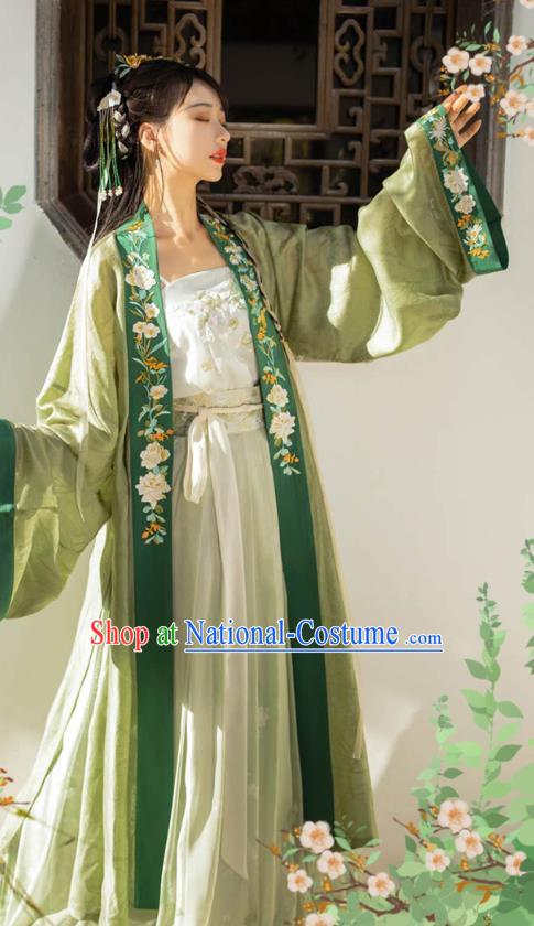 Traditional Chinese Song Dynasty Young Female Apparels Historical Costumes Ancient Royal Princess Embroidered Green Hanfu Dress