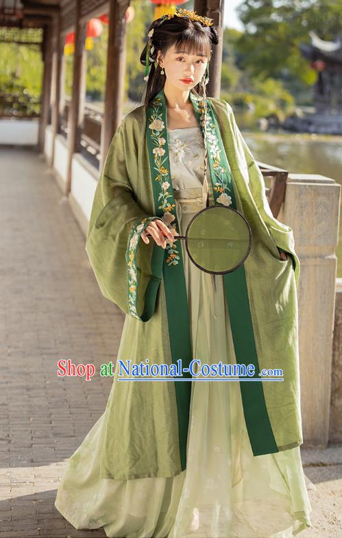 Traditional Chinese Song Dynasty Young Female Apparels Historical Costumes Ancient Royal Princess Embroidered Green Hanfu Dress