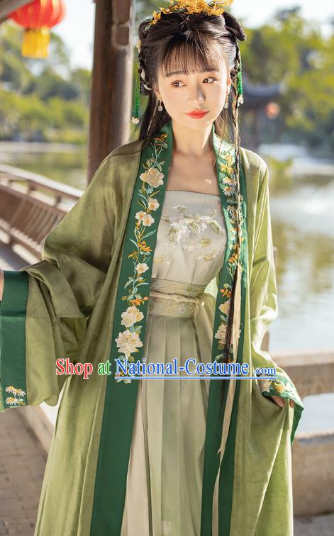 Traditional Chinese Song Dynasty Young Female Apparels Historical Costumes Ancient Royal Princess Embroidered Green Hanfu Dress