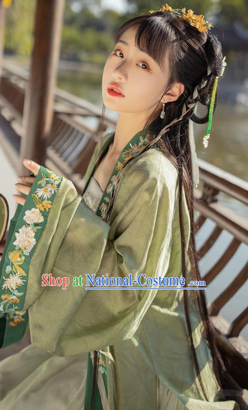 Traditional Chinese Song Dynasty Young Female Apparels Historical Costumes Ancient Royal Princess Embroidered Green Hanfu Dress