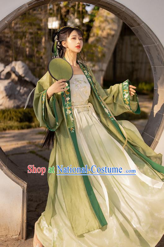 Traditional Chinese Song Dynasty Young Female Apparels Historical Costumes Ancient Royal Princess Embroidered Green Hanfu Dress